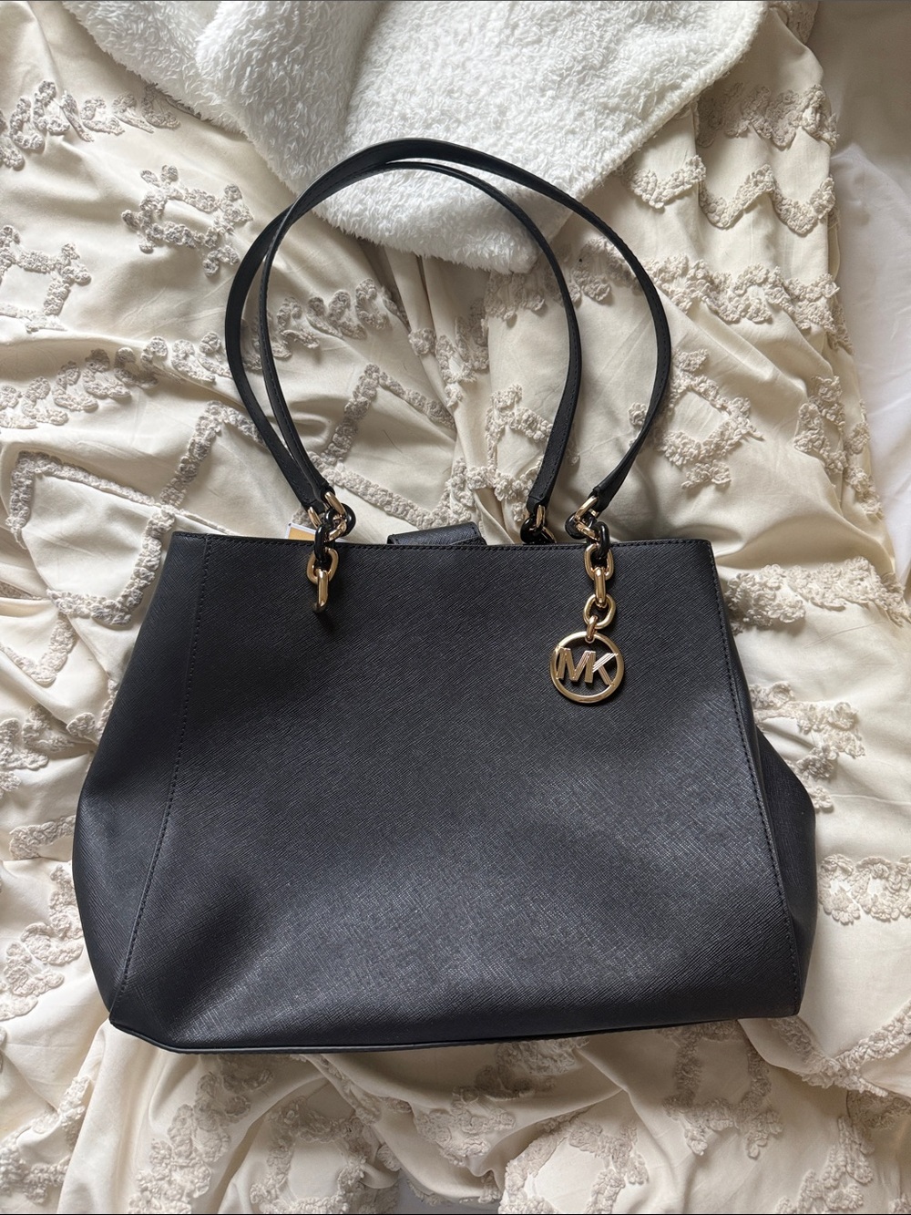 Michael Kors Black Saffiano Tote with Gold MK Pendant